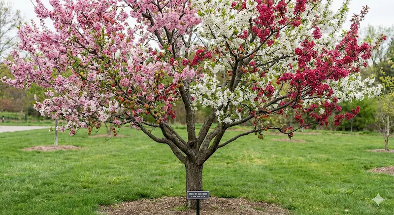 Tree of 40 Fruit blooming with pink and white flowers