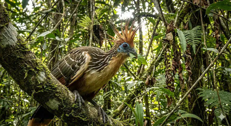Hoatzin stink bird with spiky hair