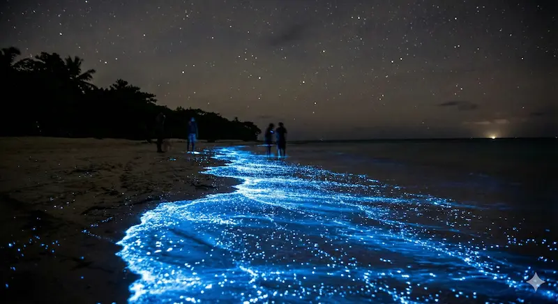 Glowing blue bioluminescent waves at night beach