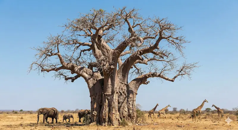 African Baobab tree known as the upside down tree with large trunk