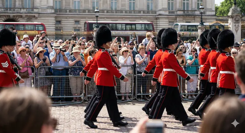 Royal Guards marching during Changing of the Guard at Buckingham Palace