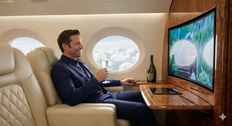 A wealthy businessman watching a high end television inside a private jet, showcasing the target market for luxury electronics