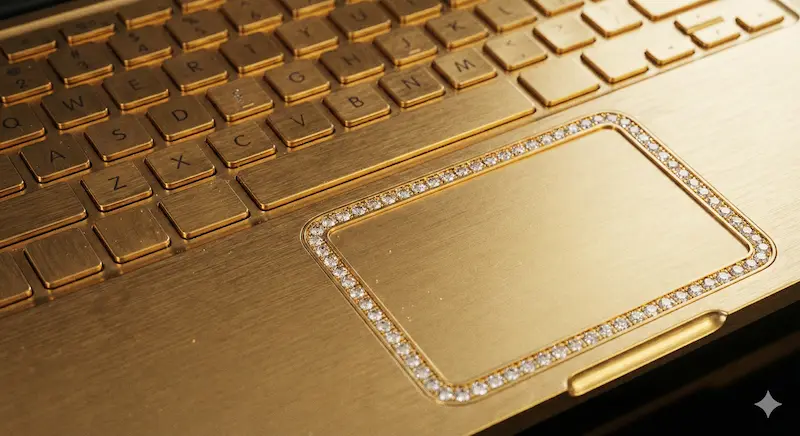 Close up view of pure diamonds embedded on a Gold Diamond Laptop keyboard and trackpad