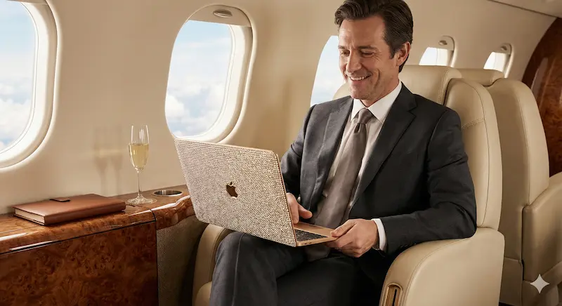 Wealthy billionaire using a luxury Gold Diamond Laptop inside a private jet as a status symbol