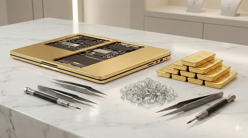 Rare diamonds and pure gold bars used in the handcrafted manufacturing of a Gold Diamond Laptop