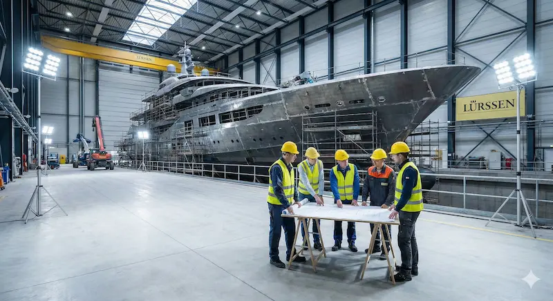 Lürssen Luxury Yachts under construction in a shipyard
