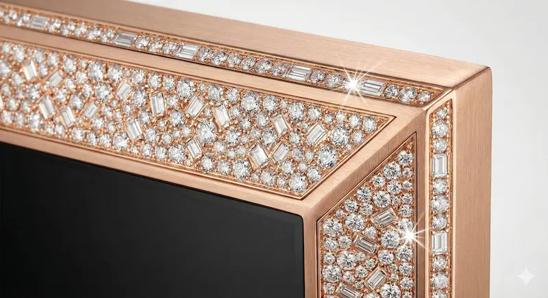 Close up shot of diamonds and rose gold materials used in making the frame of an ultra expensive luxury television