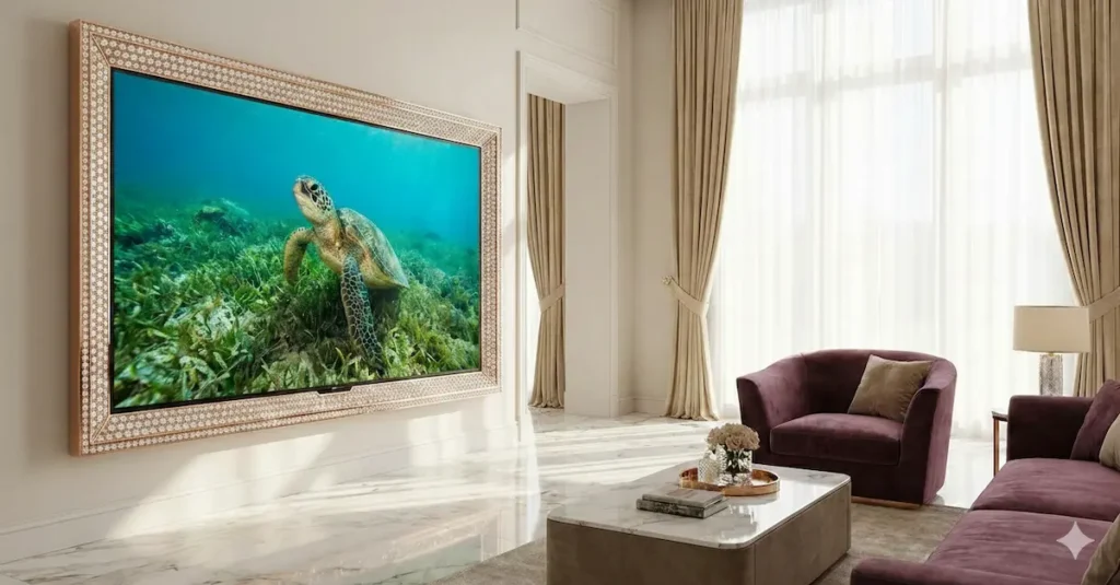 A high-end ultra luxury television with a thick polished gold frame displaying a nature scene in a premium living room