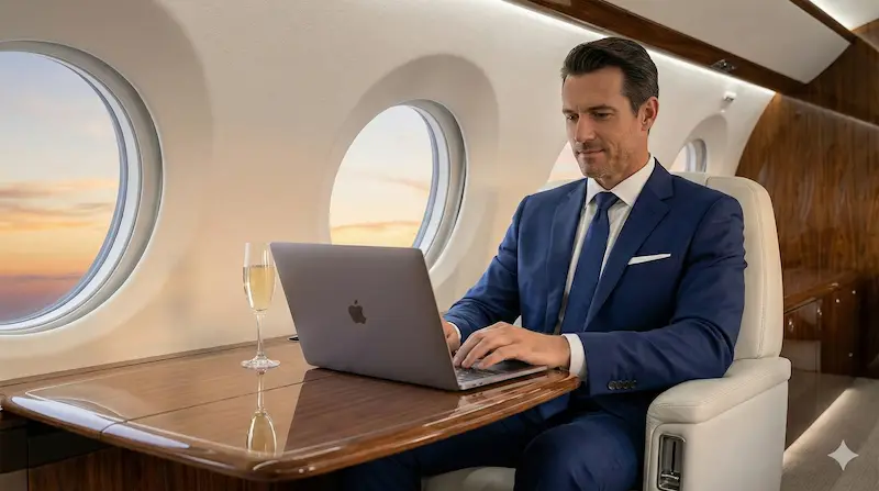 Billionaire working on laptop inside a luxury private jet cabin