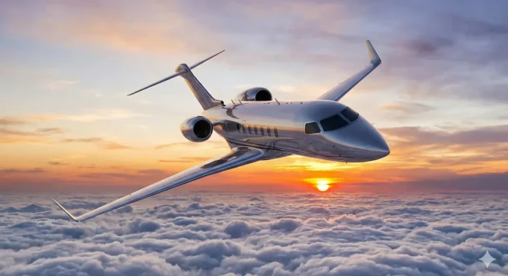Luxury private jets flying through clouds during sunset