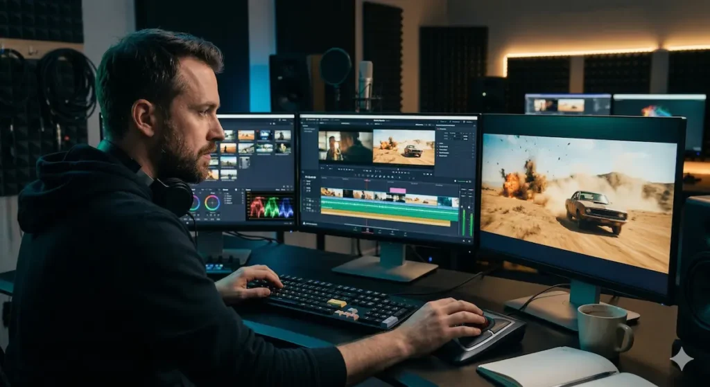 సినిమా ఎడిటింగ్ ప్రాసెస్ సమయంలో రూమ్‌లో కంప్యూటర్‌పై మూవీ ఫుటేజ్ ఎడిట్ చేస్తున్న ఎడిటర్