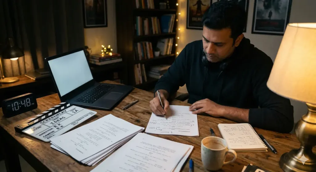 సినిమాల్లో స్క్రీన్‌ప్లే ప్రాముఖ్యతను చూపించేలా స్క్రీన్‌ప్లే స్క్రిప్ట్ రాస్తున్న రచయిత మరియు పక్కన క్లాప్‌బోర్డ్ ఉన్న దృశ్యం